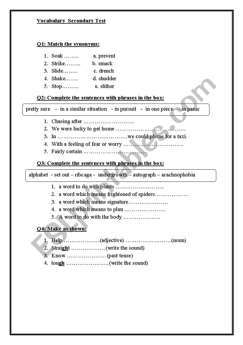 vocabulary test worksheet