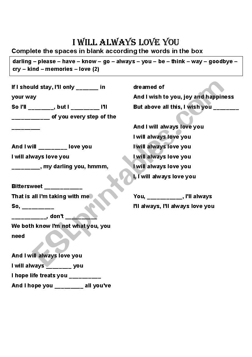 I WILL ALWAYS LOVE YOU worksheet