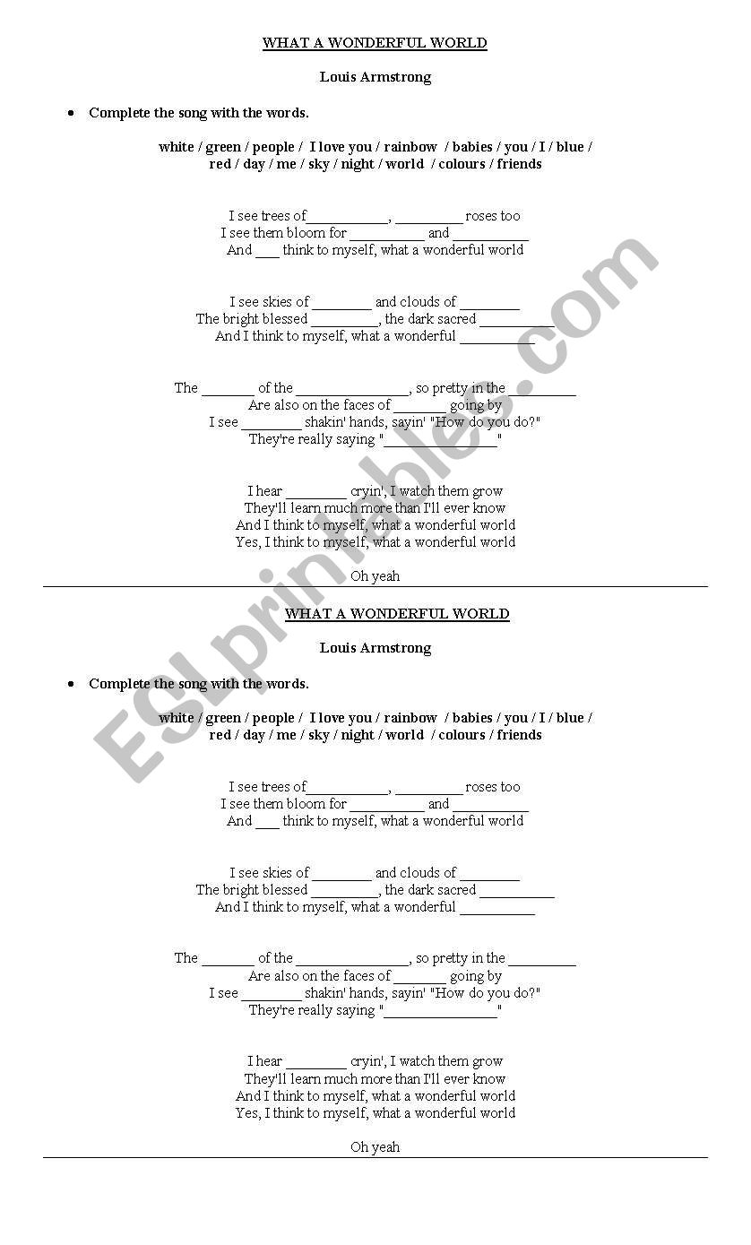 Song what a wonderful world worksheet