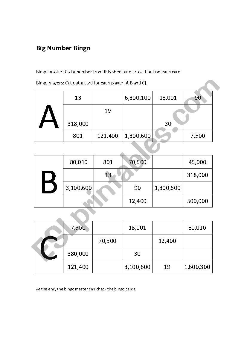 Big Number Bingo worksheet