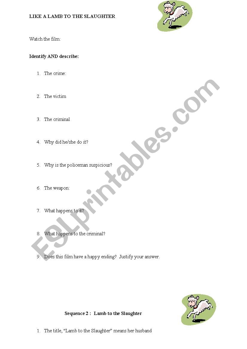 Lamb to the slaughter worksheet