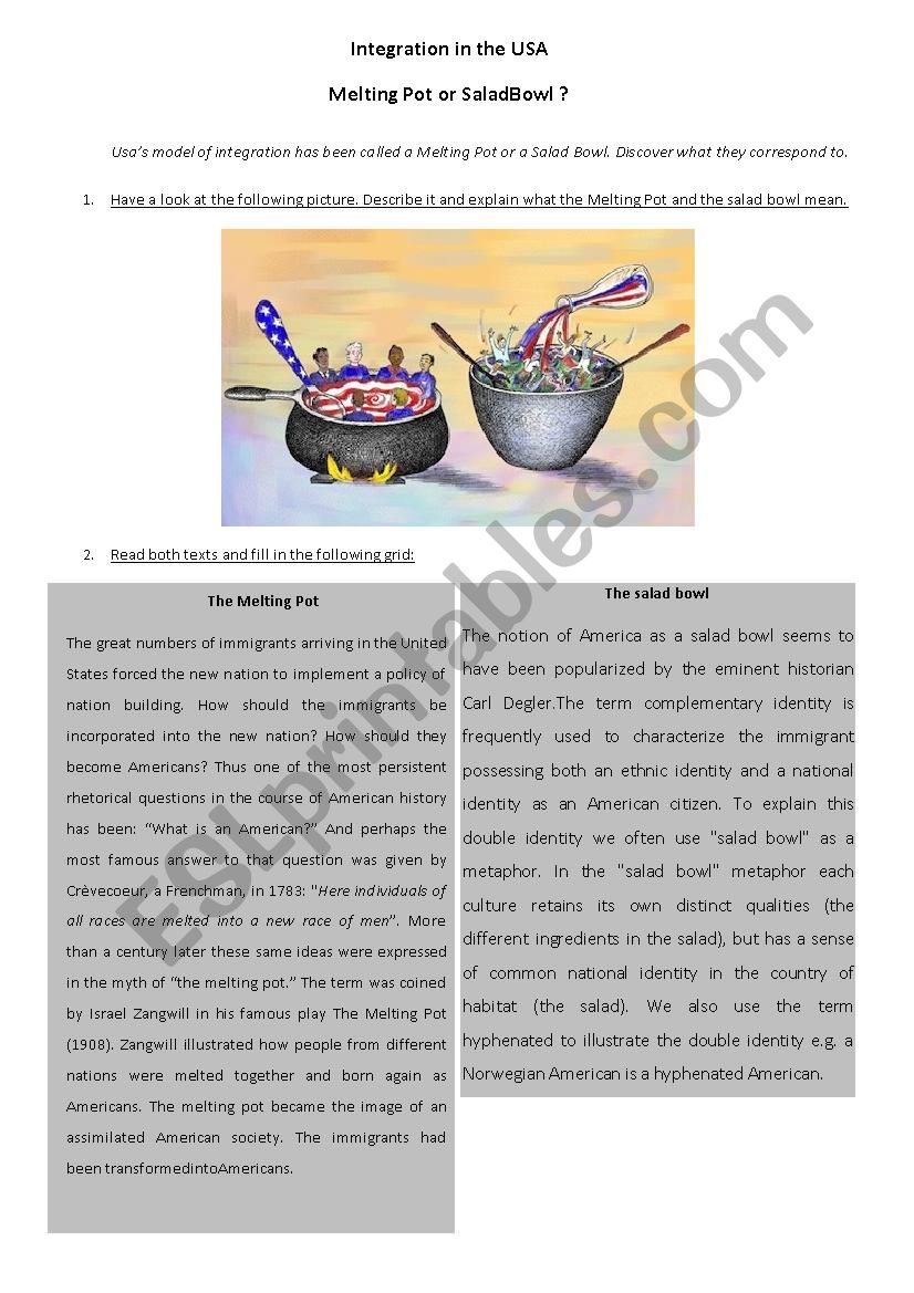 Melting Pot or Salad Bowl worksheet