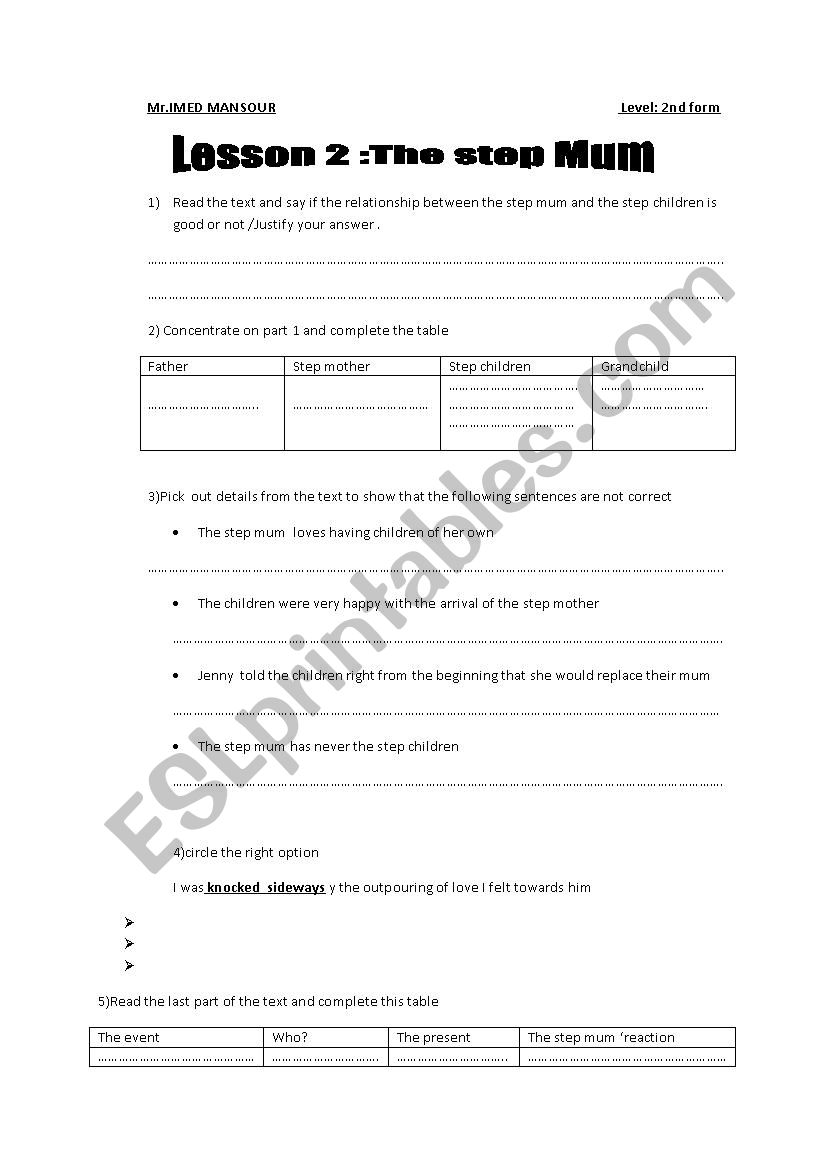 Lesson 2 :The step Mum worksheet