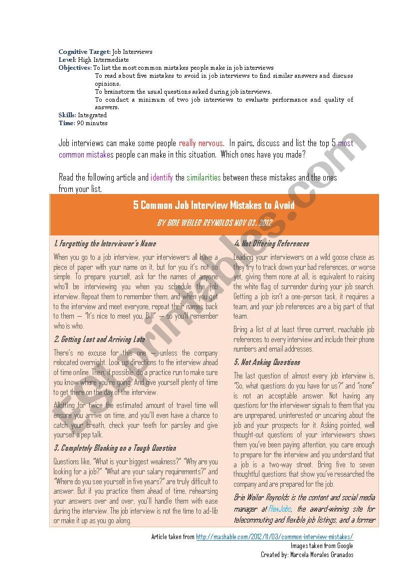 Job Interviews Tips worksheet