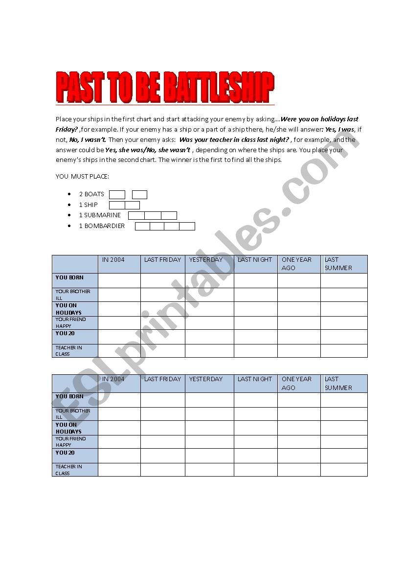 Past of TO BE Battleship worksheet