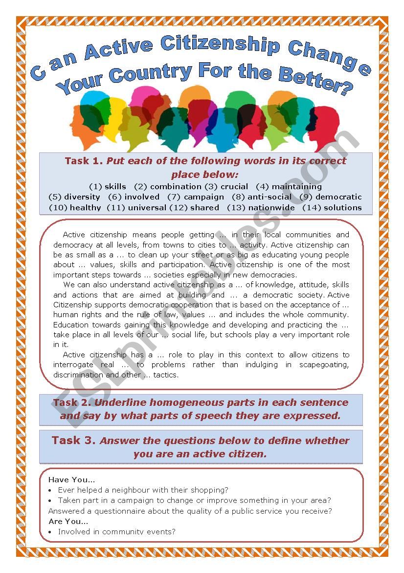 Active Citizenship - ESL worksheet by Natashenka