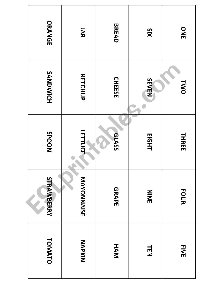 Picnic Bingo worksheet