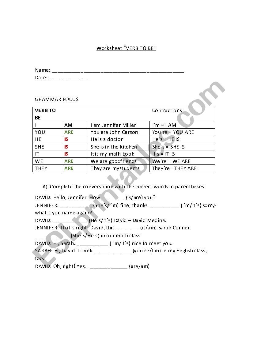 VERB TO BE worksheet