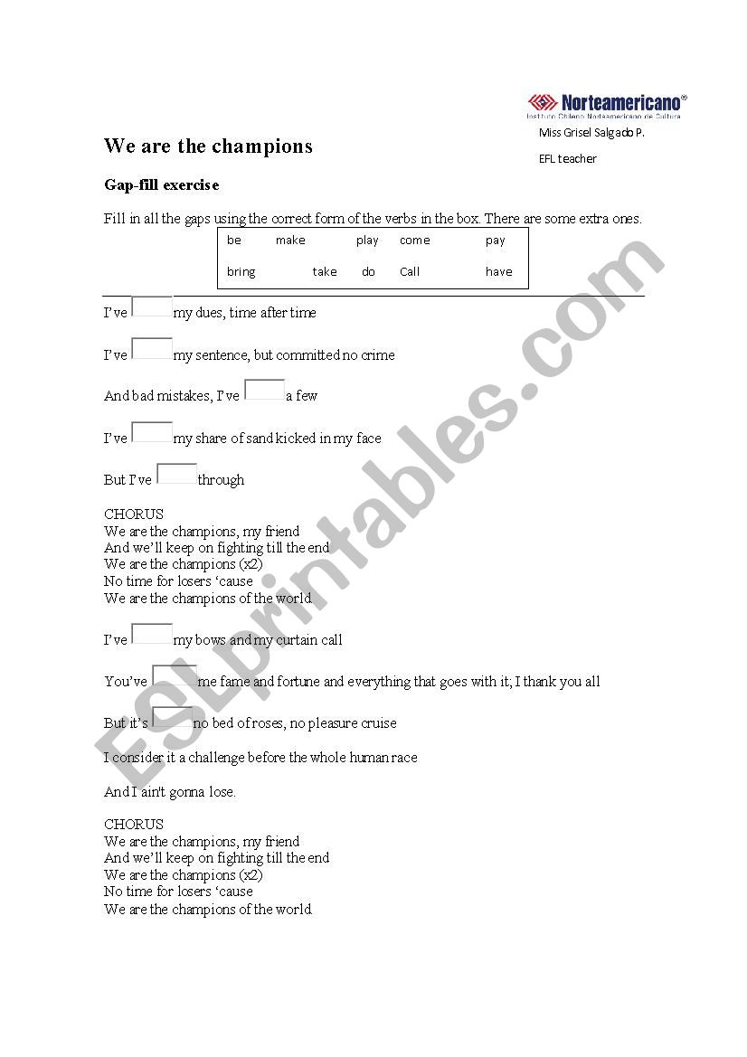 We are the champions worksheet