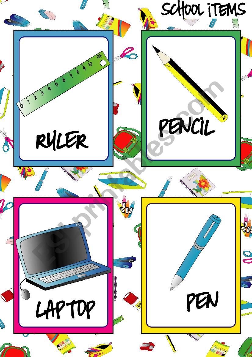 School Items FLASHCARDS (3-5) worksheet