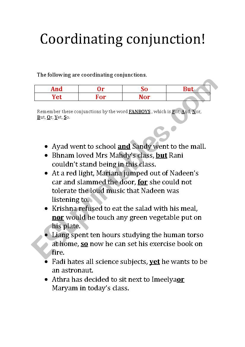 Coordinating conjunctions worksheet