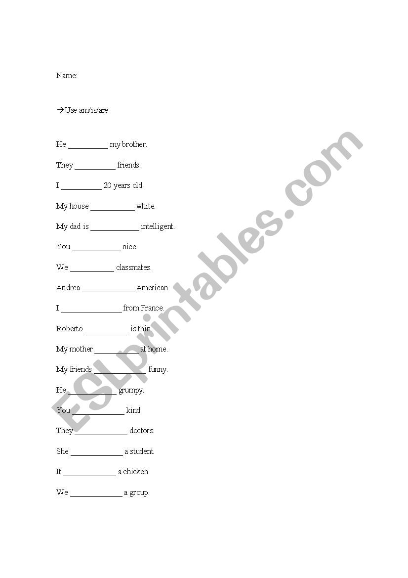 complete with verb to be worksheet