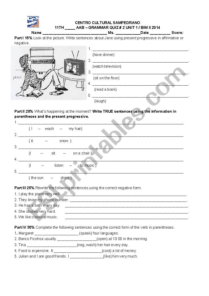 Present and Progressive Tense worksheet