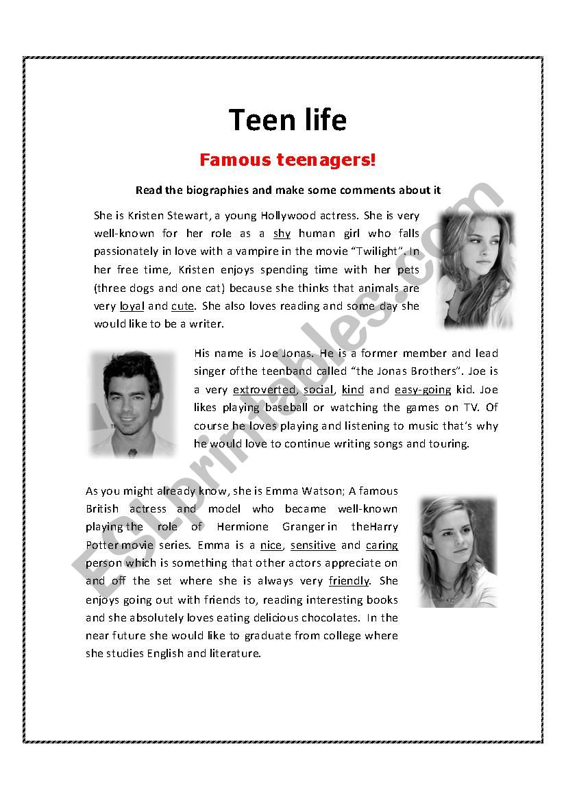 teen life famous teenagers  worksheet