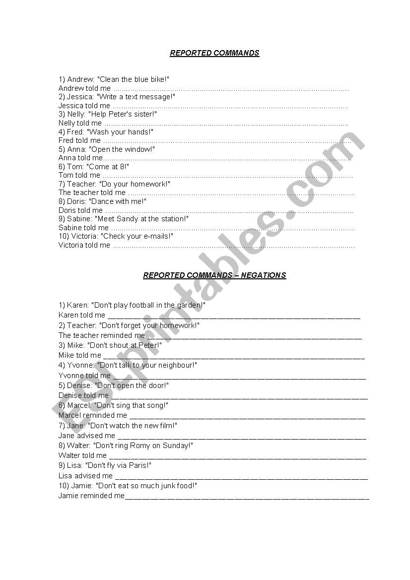 Reported speech  worksheet