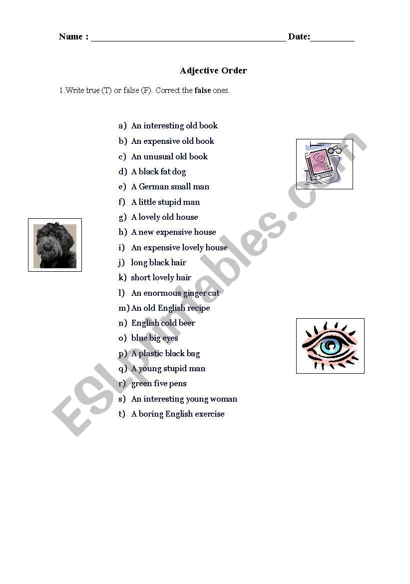 Adjectives order worksheet