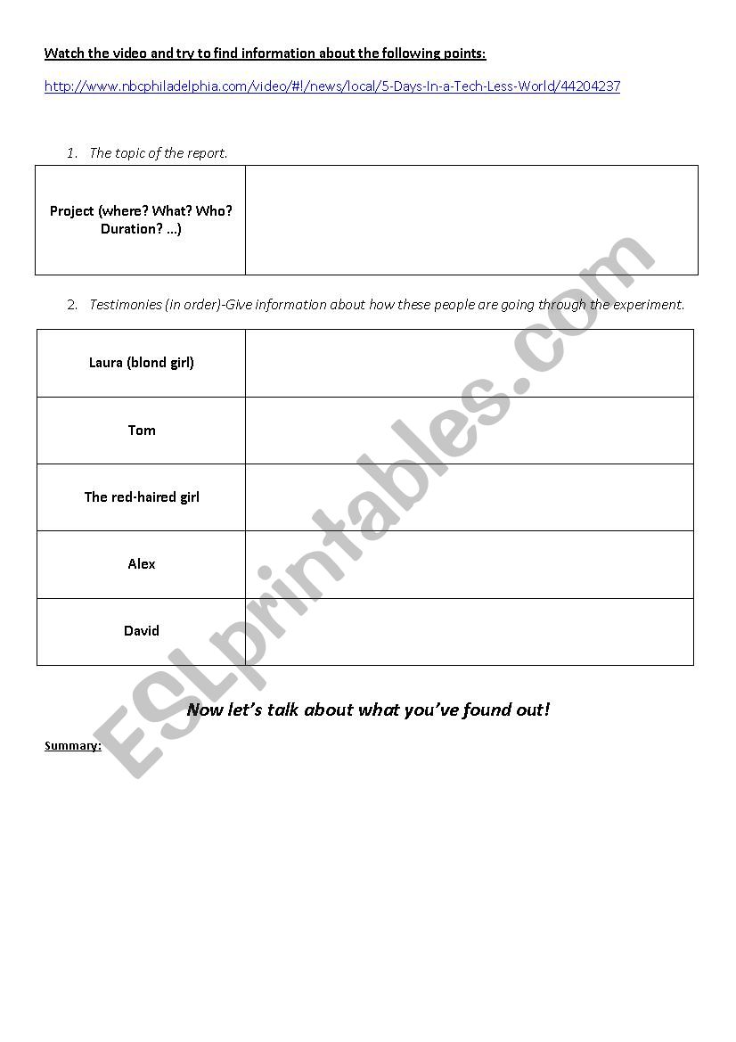 5 days without technology  worksheet