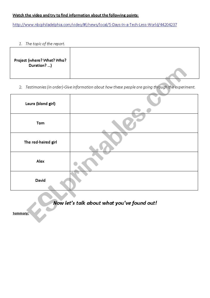 5 days without technology  worksheet