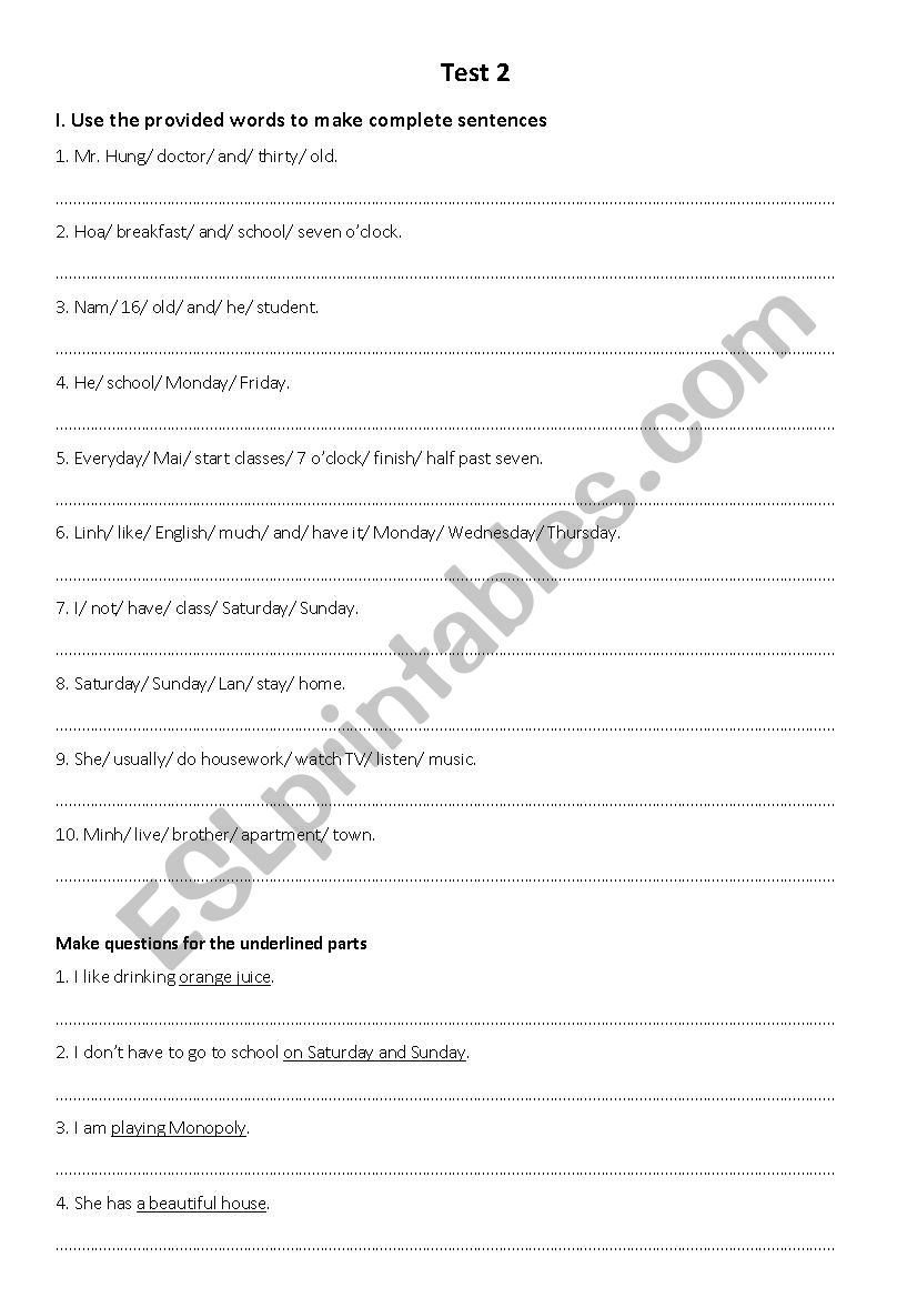 PRESENT SIMPLE - TEST 2 worksheet