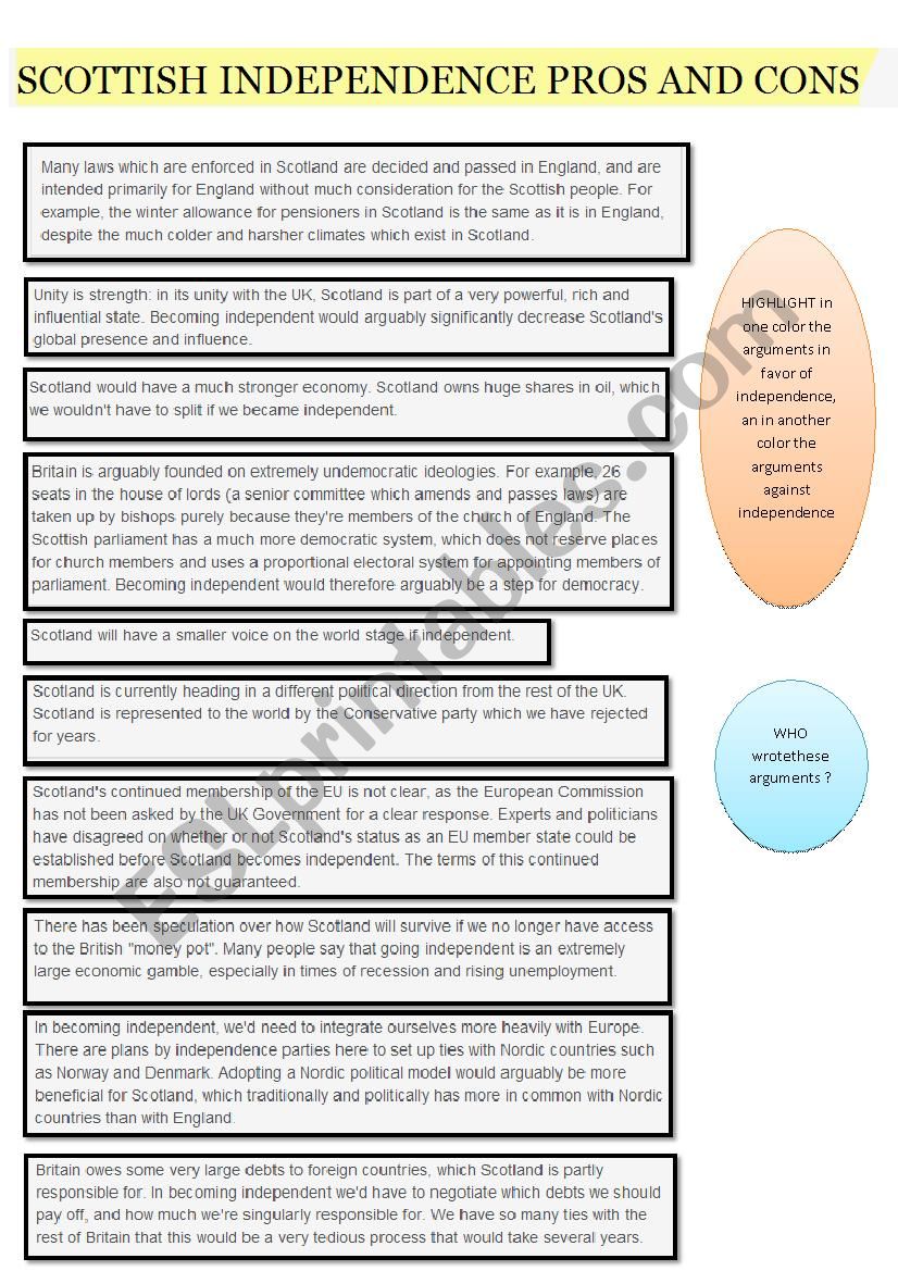 Independence of Scotland - pros and cons 
