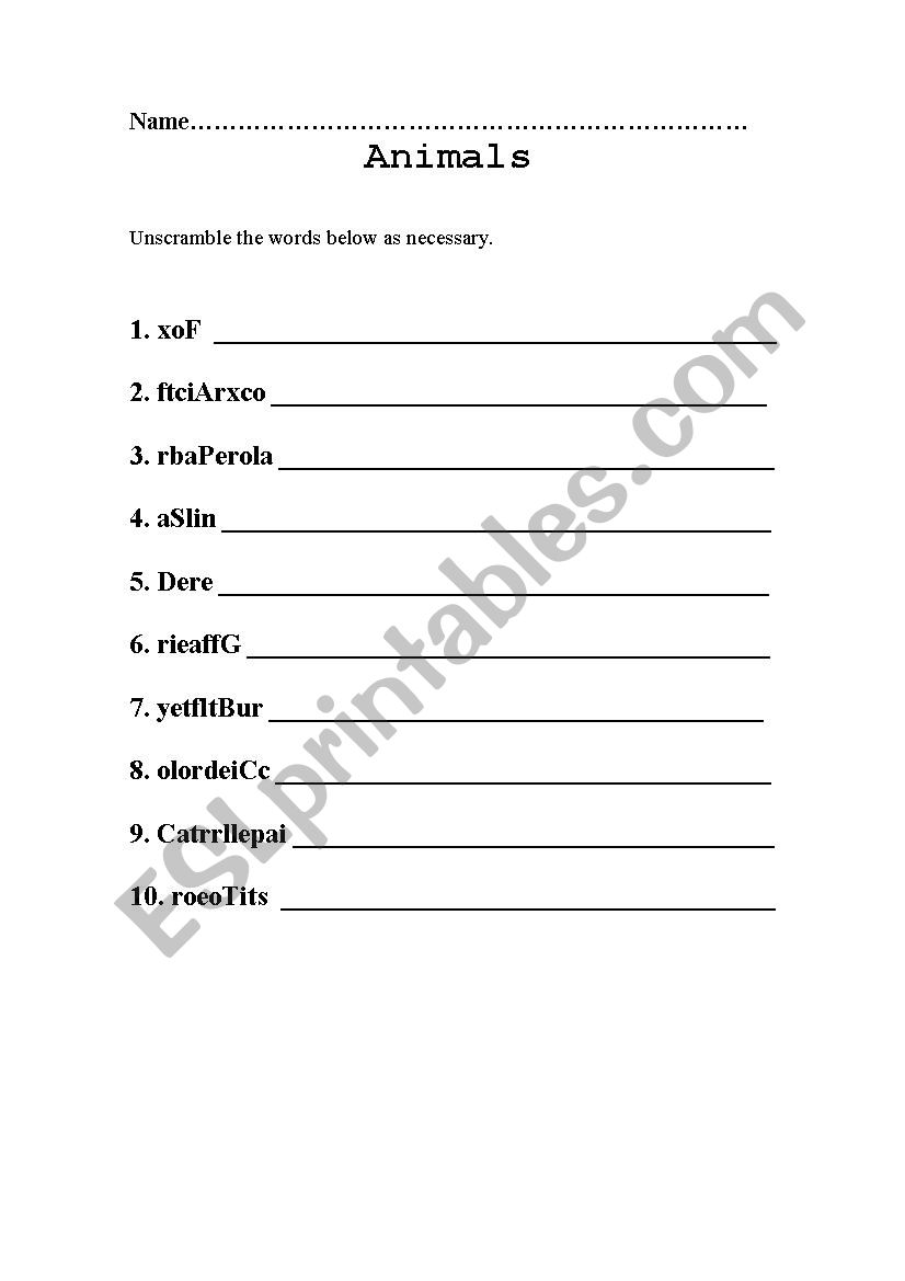 Animals: Unscramble the words worksheet