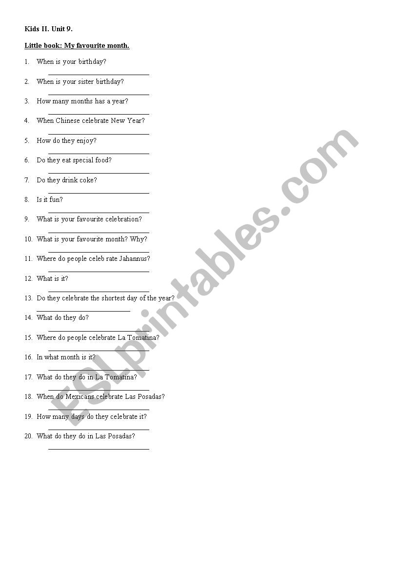 QUESTIONS ABOUT CELEBRATIONS  worksheet