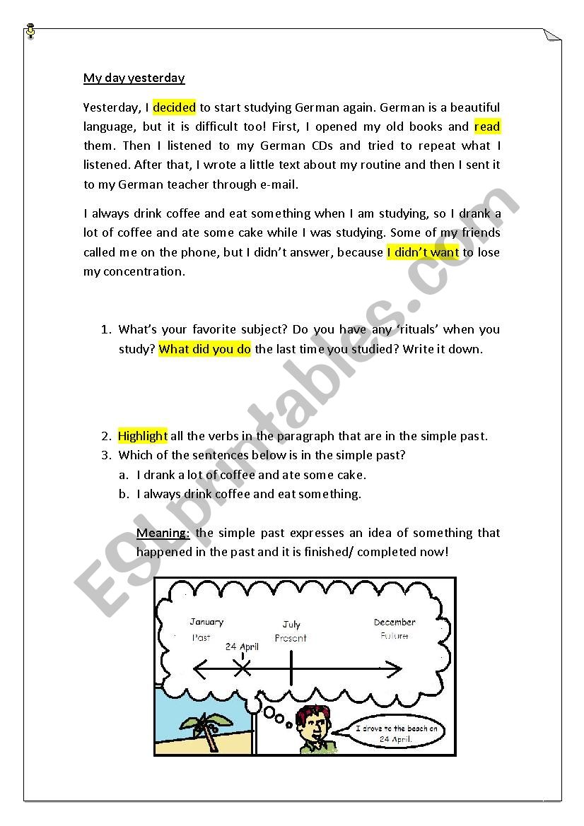 My day yesterday worksheet