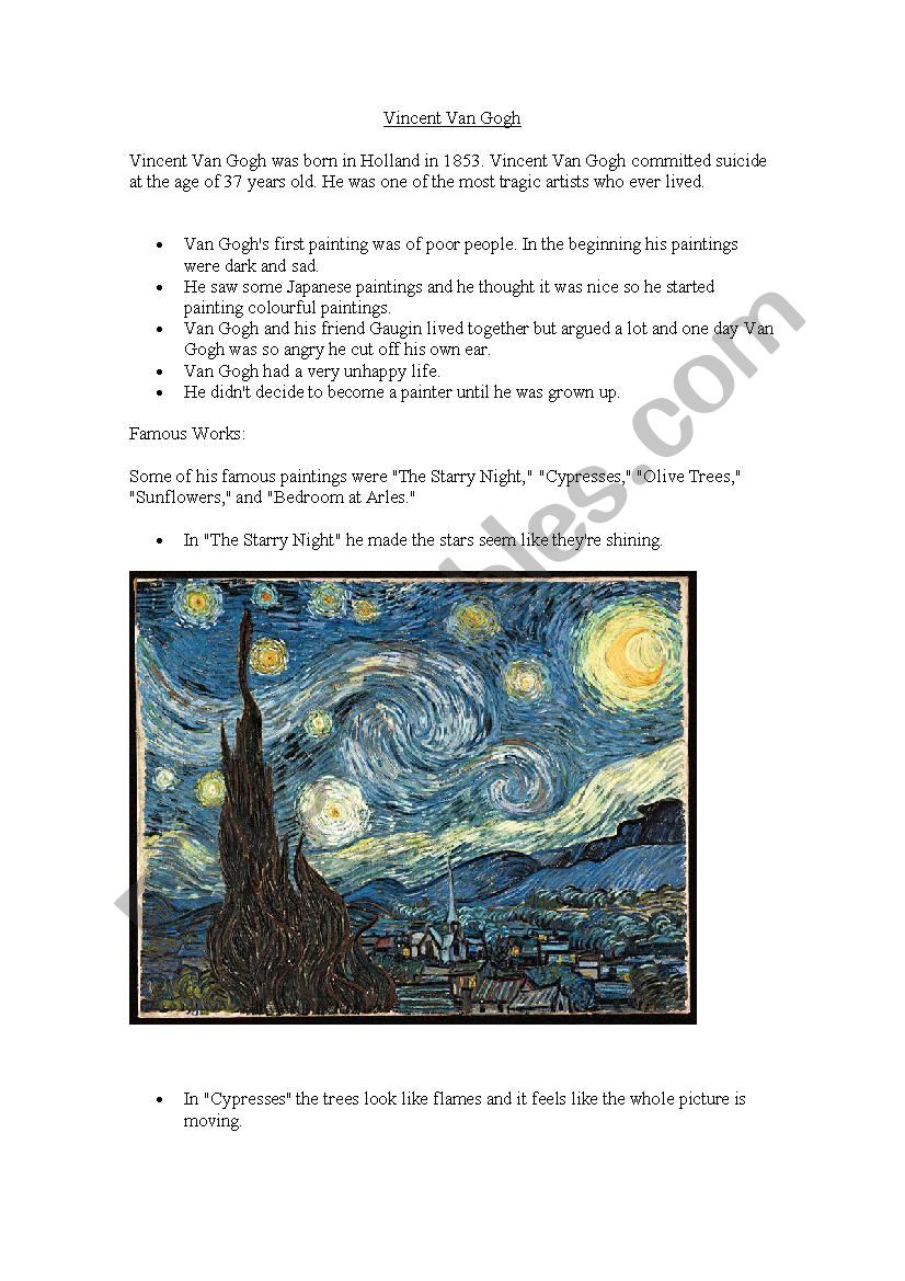 Vincent Van Gogh worksheet