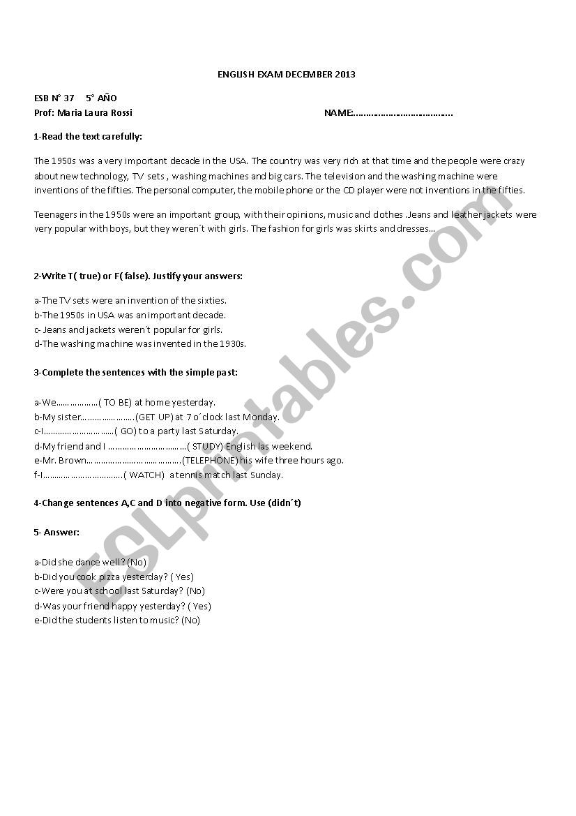 Simple past test worksheet