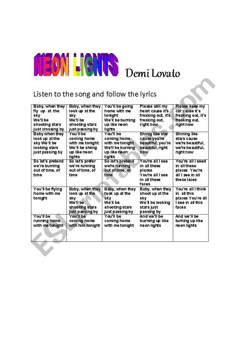 Neon lights by Demi Lovato worksheet