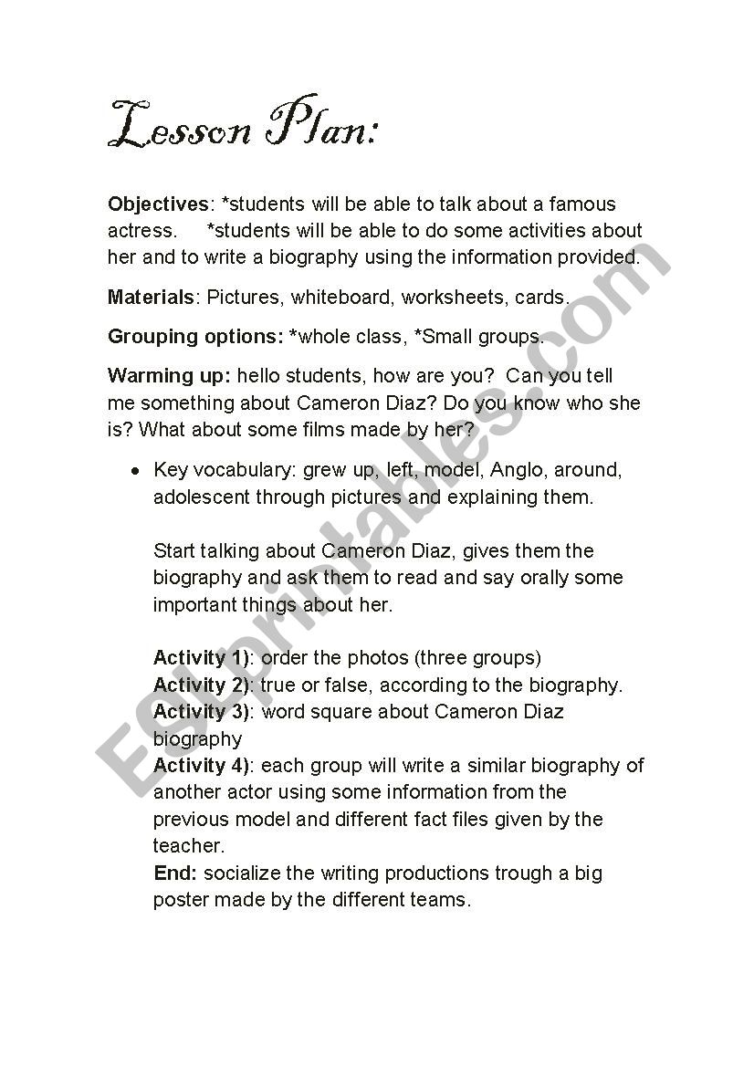 lesson plan cameron diaz worksheet