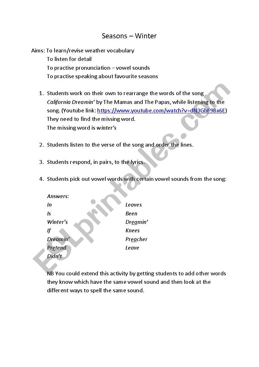 The Seasons - Winter worksheet