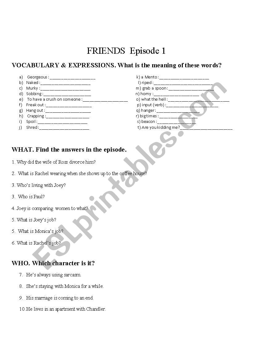 Friends season1 episode 1 worksheet