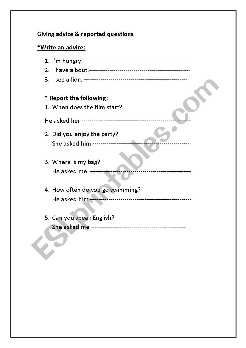 reported questions worksheet