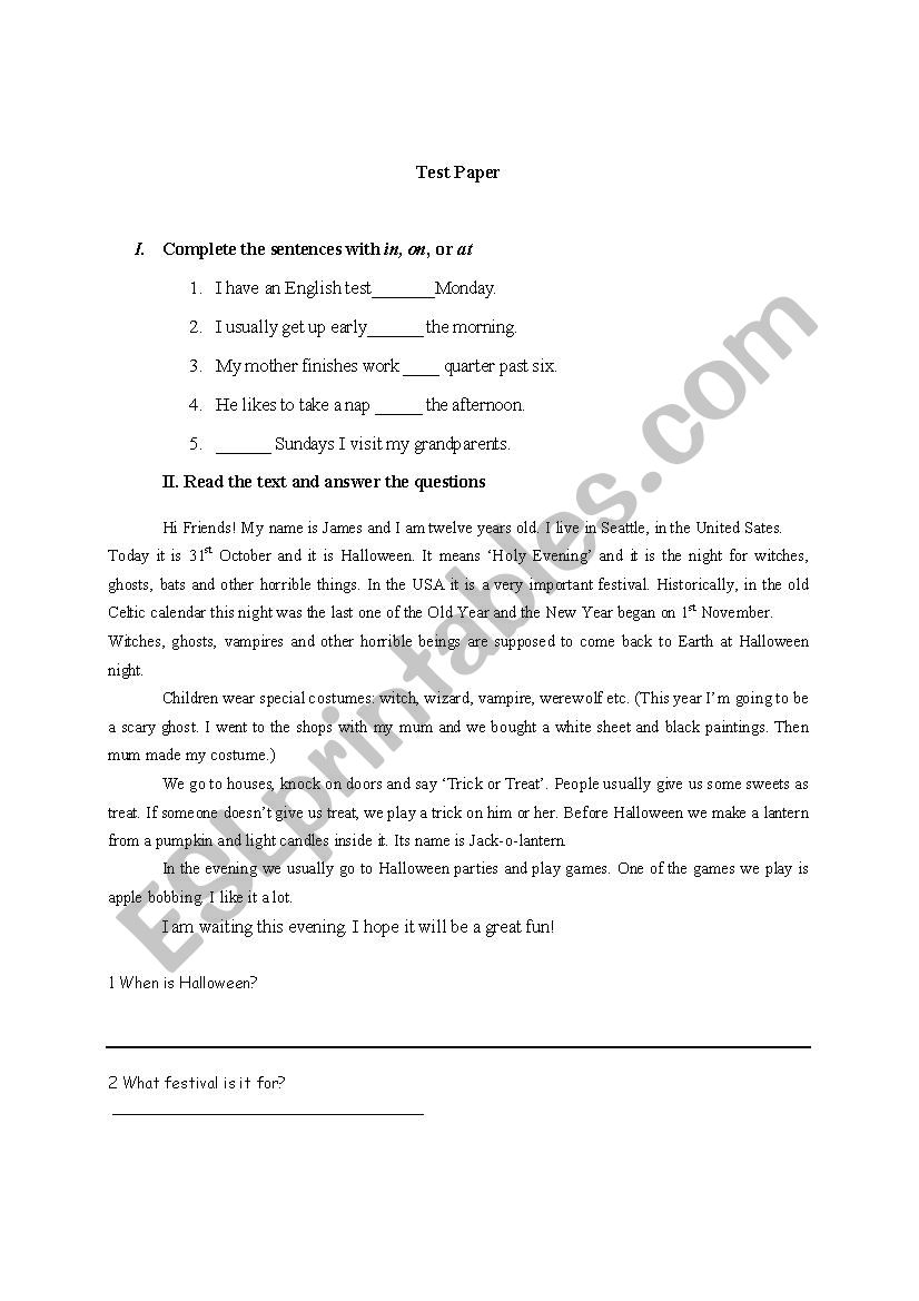 Test Paper worksheet