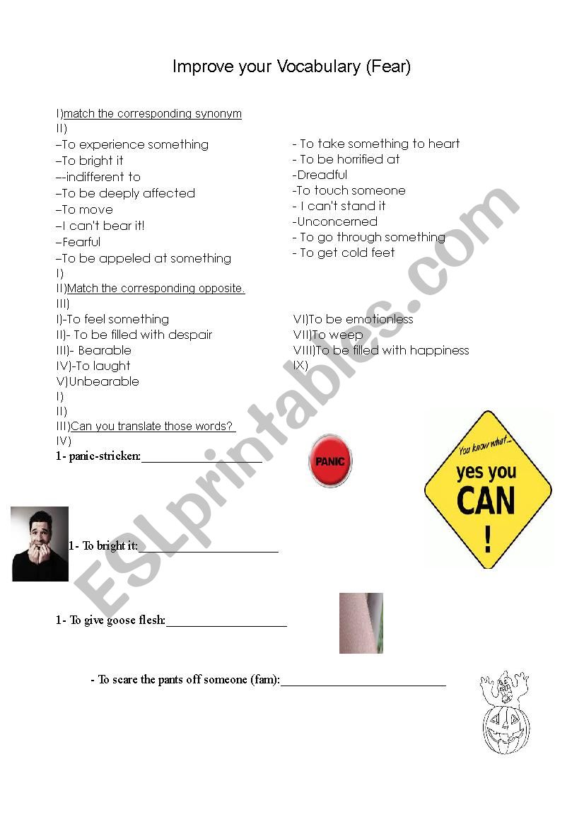 Improve your vocabulary: fear worksheet