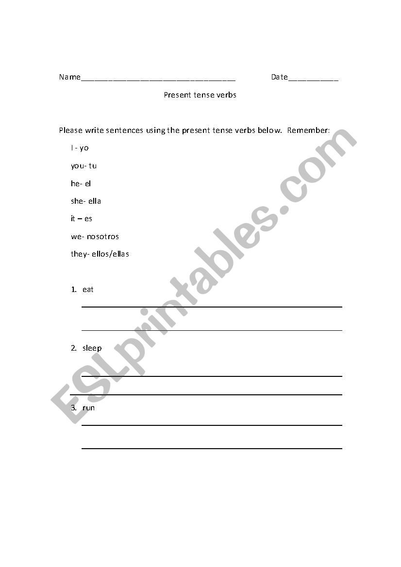 Writing present tense verb sentences