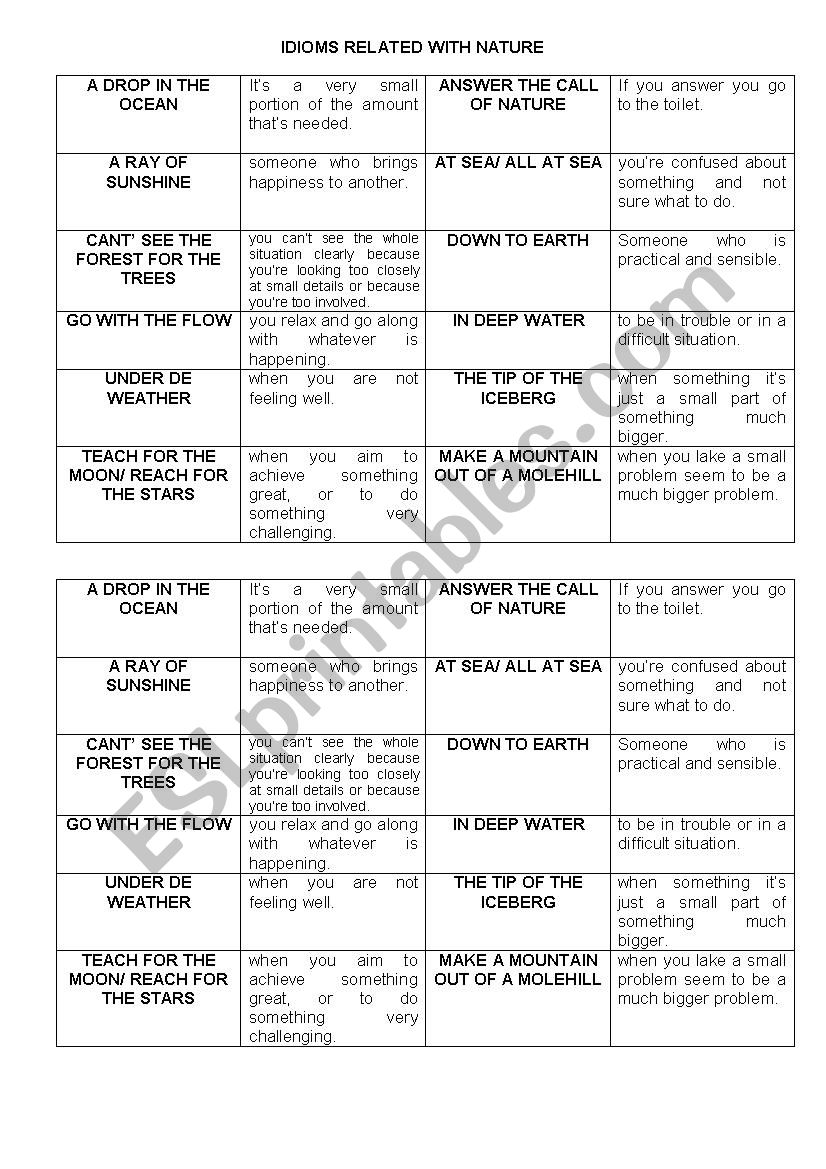 Idioms related to nature worksheet