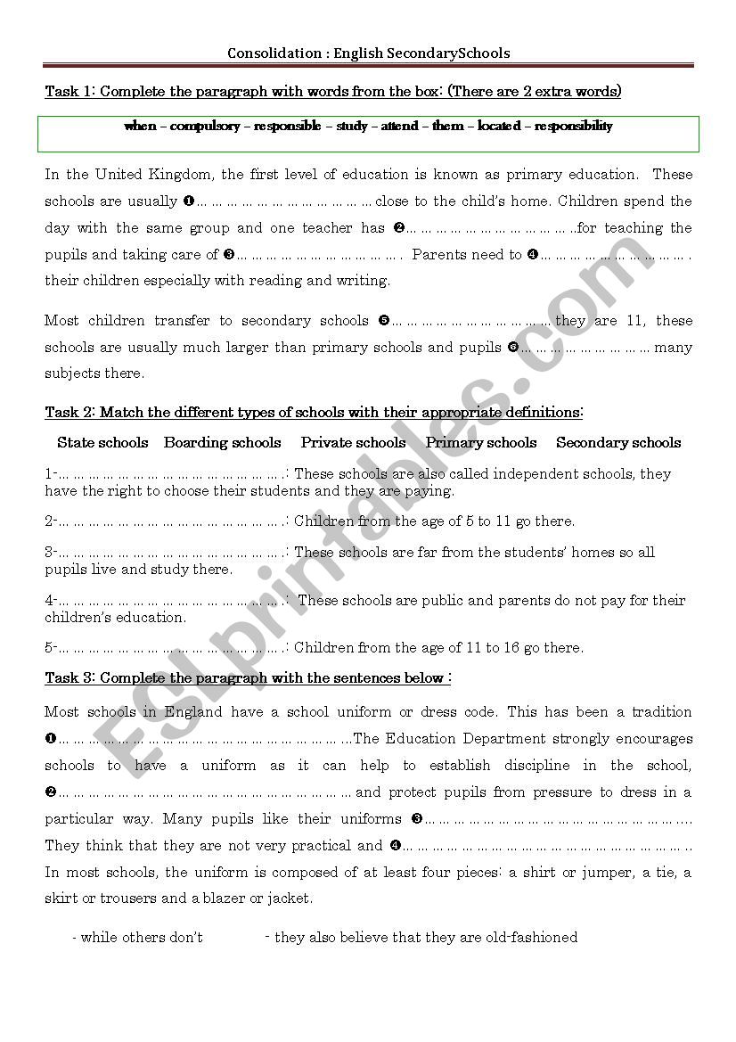 English secondary schools worksheet