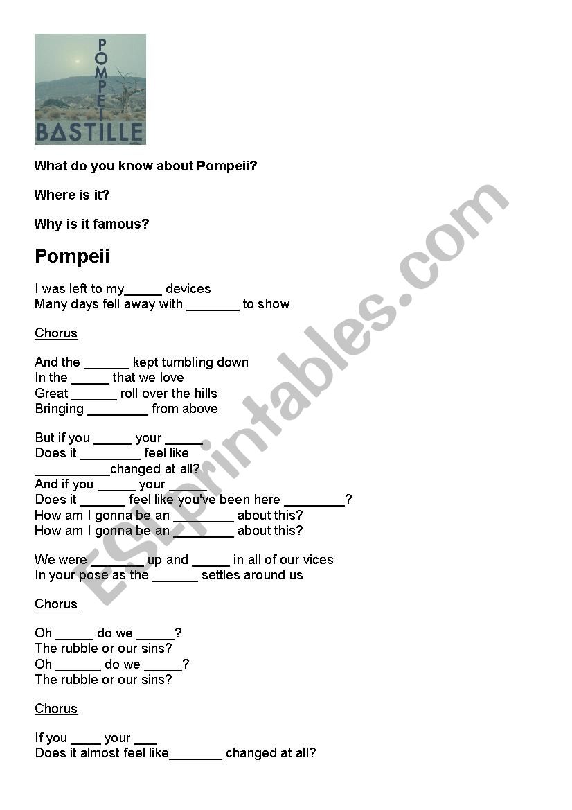 Song: Pompeii by Bastille worksheet