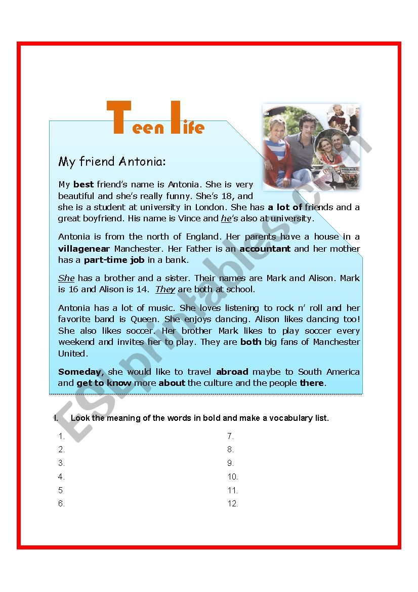 teen life  worksheet