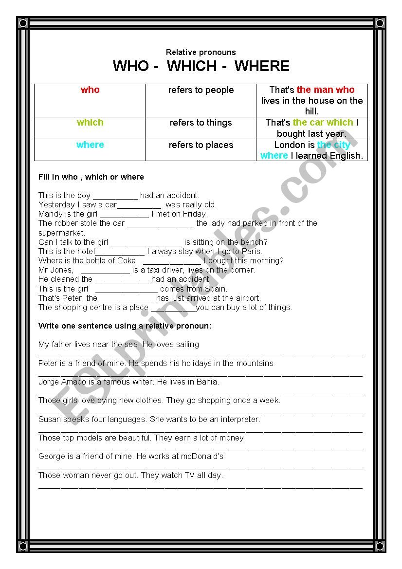 Relative Pronouns worksheet