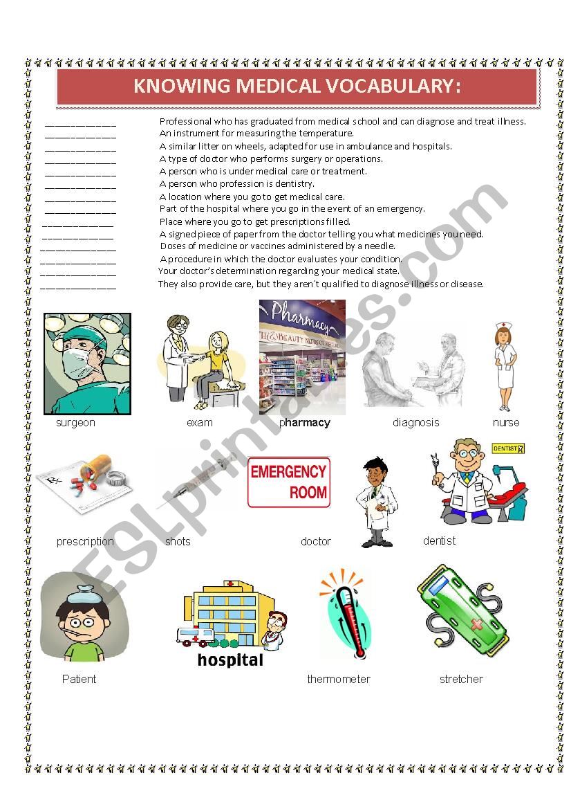 Knowing medical vocabulary worksheet
