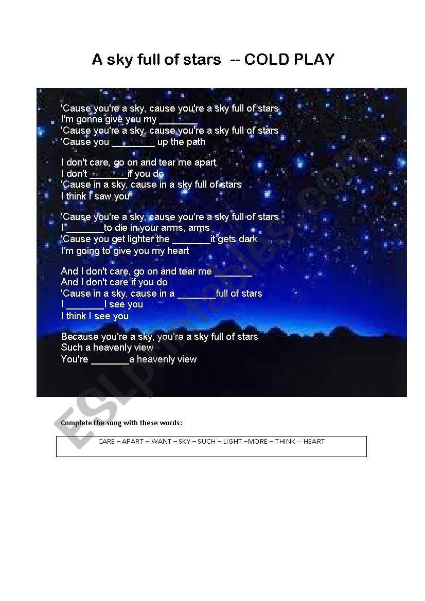 SONG: sky full of stars worksheet