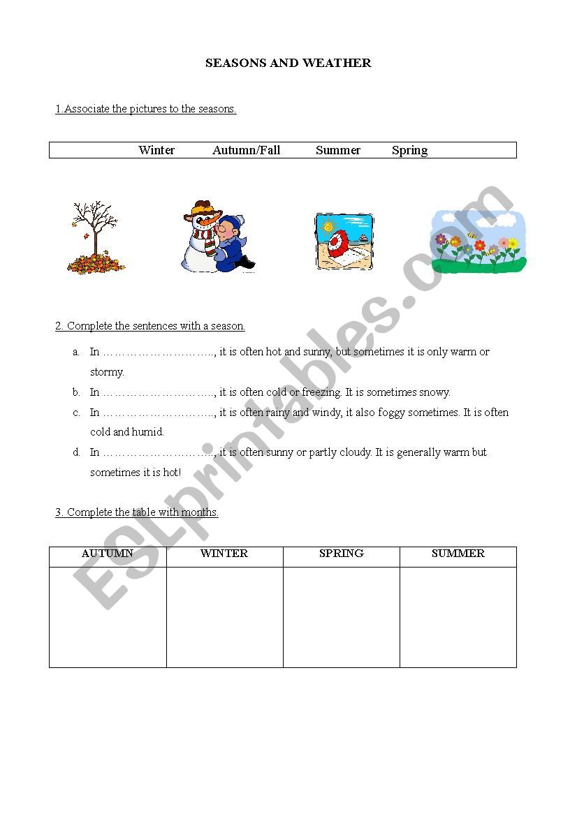 Seasons and weather worksheet