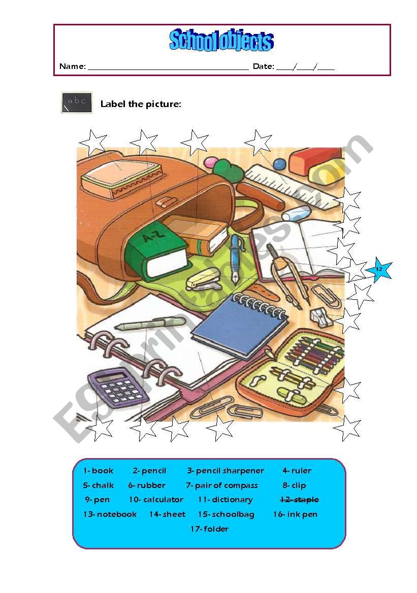 School objects worksheet