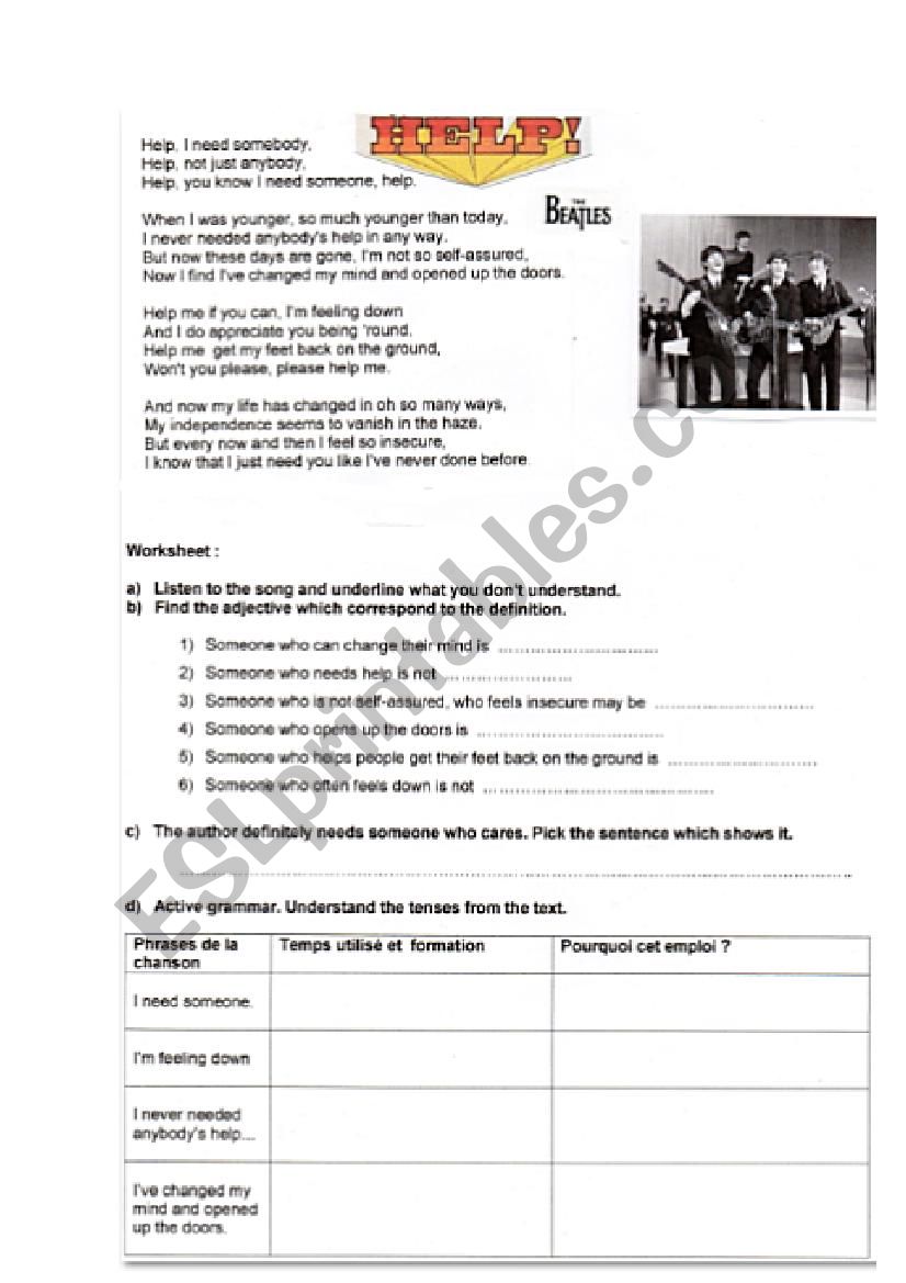 Help ! By the Beatles worksheet