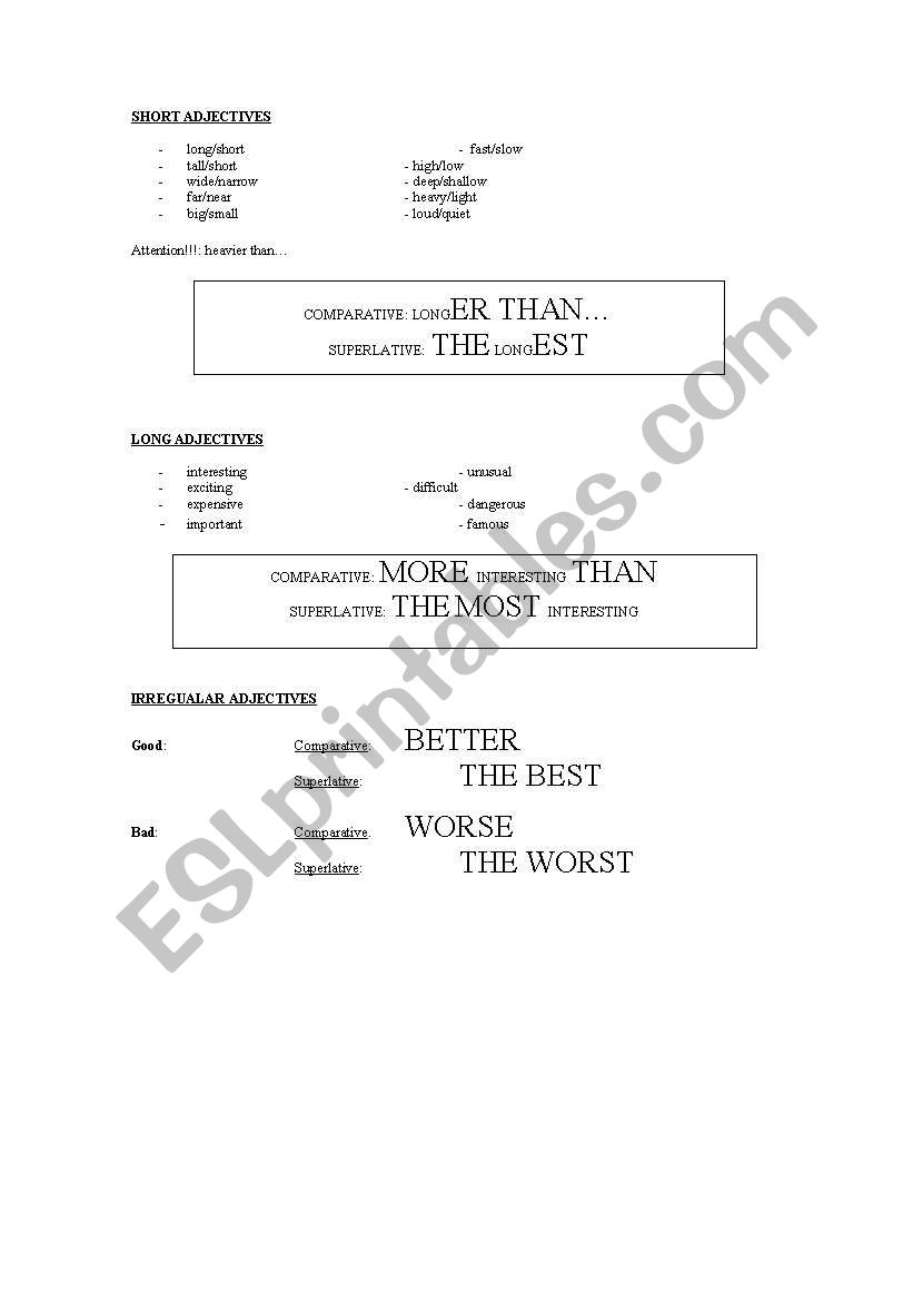 short and long adjectives worksheet