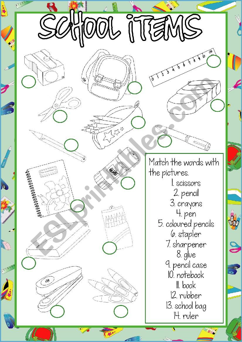 School items MATCHING worksheet