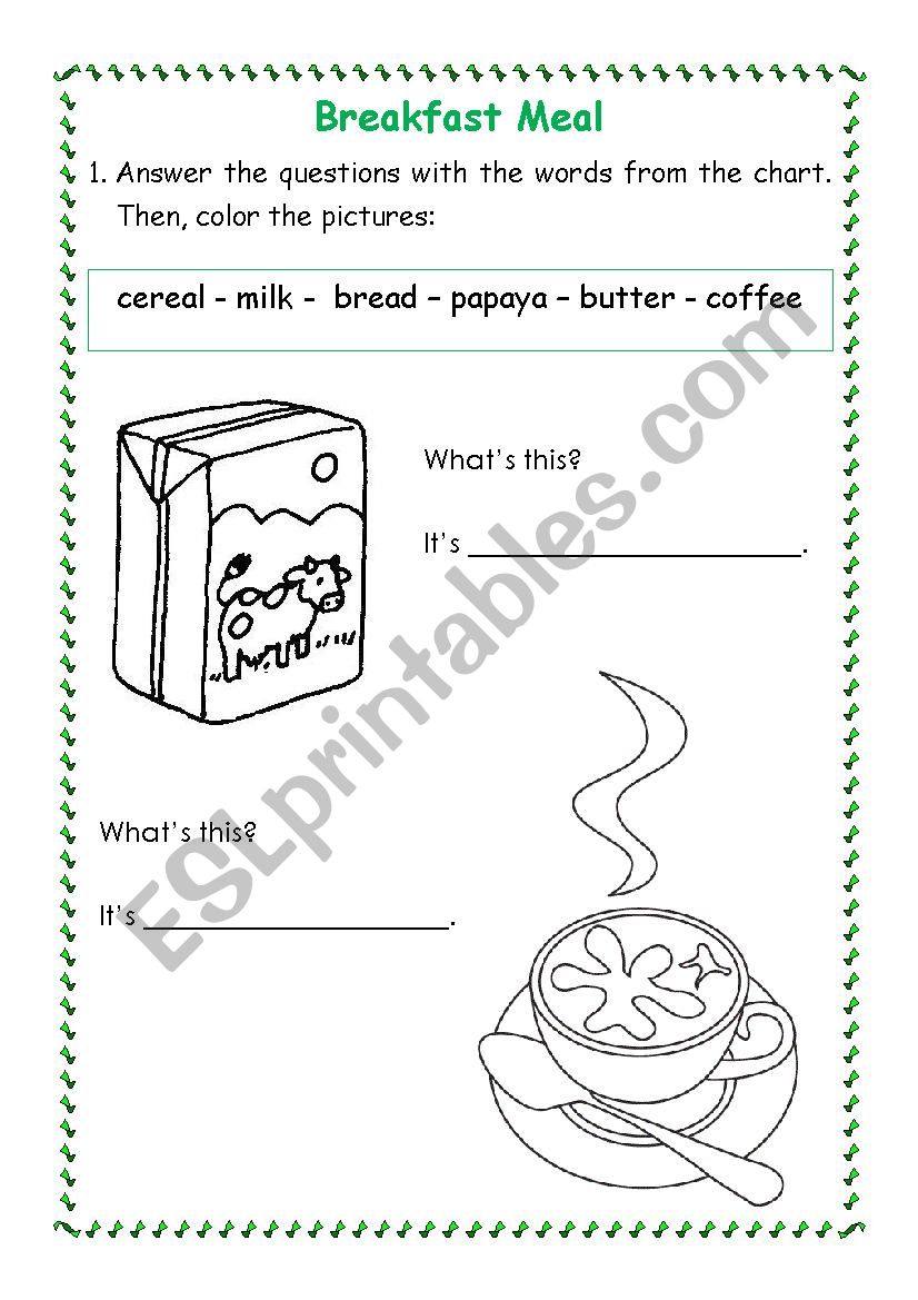 Breakfast meal worksheet